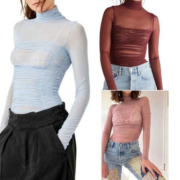 FREE PEOPLE Women's sz Small Under It All Ruched Long Sleeve Mesh Bodysuit Pink - Picture 2 of 13